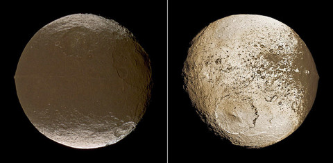 These two global images of Iapetus show the extreme brightness dichotomy on the surface of this peculiar Saturnian moon. The left-hand panel shows the moon's leading hemisphere and the right-hand panel shows the moon's trailing side. (Image Credit: NASA/JPL/Space Science Institute)