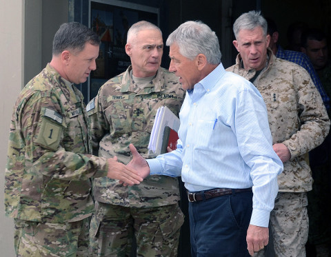 U.S. Secretary of Defense, Chuck Hagel, shares a few parting words after meeting with Maj. Gen. William C. Mayville Jr., commanding general, Regional Command - East, at Bagram Airfield, Afghanistan, March 9, 2013. (U.S. Army photo by Staff Sgt. David J. Overson, 115th Mobile Public Affairs Detachment)