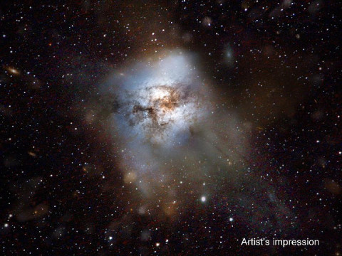 This artist's impression shows the "starburst" galaxy HFLS3. The galaxy appears as little more than a faint, red smudge in images from the Herschel space observatory. (Image credit: ESA-C. Carreau) This artist's impression shows the "starburst" galaxy HFLS3. The galaxy appears as little more than a faint, red smudge in images from the Herschel space observatory. (Image credit: ESA-C. Carreau)