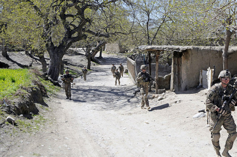 U.S. Army Soldiers with 3rd Platoon, Company A, 1st Battalion, 327th Infantry Regiment, 1st Brigade Combat Team, 101st Airborne Division, conduct to a patrol of a local bazaar, March 30, 2013, in Khogyani District, Nangarhar Province, Afghanistan. The patrol was part of a five day mission in conjunction with the Afghan National Security Forces. (U.S. Army photo by Sgt. Jon Heinrich, RC-East PAO)