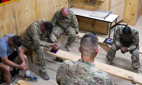 U.S. Army Soldiers assigned to Company B, 3rd Battalion, 187th Infantry Regiment, 3rd Brigade Combat Team “Rakkasans,” 101st Airborne Division (Air Assault), gather for Easter sunrise service while at Combat Outpost Sabari, Afghanistan, March 31st, 2013. (Courtesy photo)