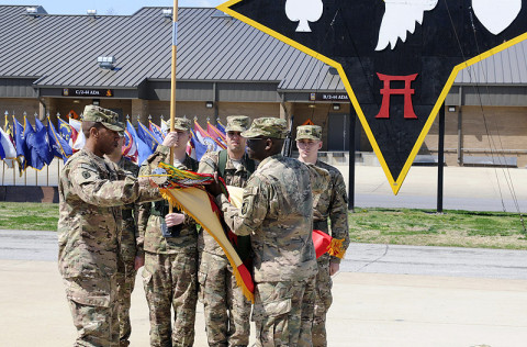 U.S. Army Col. Charles R. Hamilton and Command Sgt. Maj. Eugene Thomas, the commander and senior enlisted adviser for the 101st Sustainment Brigade, 101st Airborne Division (Air Assault), case the brigade colors April 12, 2013, at Fort Campbell, Ky. The color casing ceremony is one of the final events for the unit before it deploys to Afghanistan later in the spring. (U.S. Army photo by Sgt. Leejay Lockhart/Released)