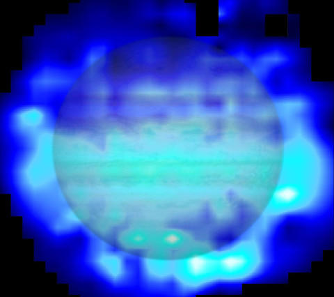 This map shows the distribution of water in the stratosphere of Jupiter as measured with the Herschel space observatory. White and cyan indicate highest concentration of water, and blue indicates lesser amounts. The map has been superimposed over an image of Jupiter taken at visible wavelengths with the NASA/ESA Hubble Space Telescope. (Image credit: Water map: ESA/Herschel/T. Cavalié et al.; Jupiter image: NASA/ESA/Reta Beebe (New Mexico State University))