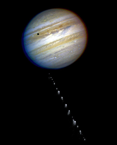 This is a composite photo, assembled from separate images of Jupiter and comet Shoemaker-Levy 9, as imaged by the NASA/ESA Hubble Space Telescope in 1994. Credit: NASA, ESA, H. Weaver and E. Smith (STScI) and J. Trauger and R. Evans (NASA's Jet Propulsion Laboratory) 