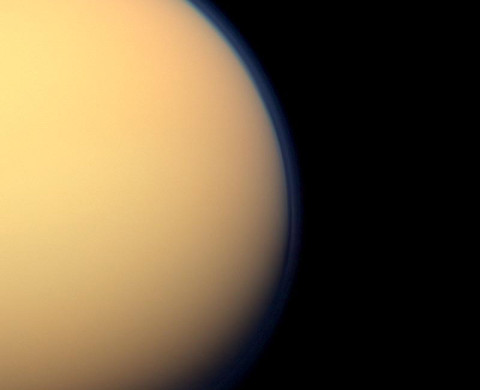 The recently formed south polar vortex stands out in the color-swaddled atmosphere of Saturn's largest moon, Titan, in this natural color view from NASA's Cassini spacecraft. (Image credit: NASA/JPL-Caltech/Space Science Institute)