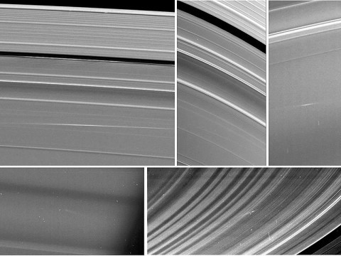 Five images of Saturn's rings, taken by NASA's Cassini spacecraft between 2009 and 2012, show clouds of material ejected from impacts of small objects into the rings. (Image Credit: NASA/JPL-Caltech/Space Science Institute/Cornell) Five images of Saturn's rings, taken by NASA's Cassini spacecraft between 2009 and 2012, show clouds of material ejected from impacts of small objects into the rings. (Image Credit: NASA/JPL-Caltech/Space Science Institute/Cornell)