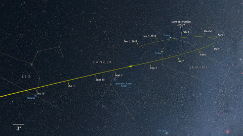 From now through October, comet ISON tracks through the constellations Gemini, Cancer and Leo as it falls toward the sun. (Credit: NASA's Goddard Space Flight Center/Axel Mellinger) From now through October, comet ISON tracks through the constellations Gemini, Cancer and Leo as it falls toward the sun. (Credit: NASA's Goddard Space Flight Center/Axel Mellinger)