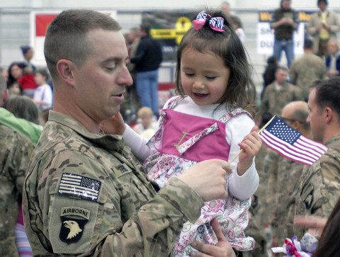 A Soldier from the 3rd Brigade Combat Team “Rakkasans,” 101st Airborne Division (Air Assault) embraces his daughter as he returns from a deployment to Afghanistan and they see each other for the first time in seven months at a welcome home ceremony. The event marked the third group of Rakkasans to return early from the brigade’s current nine month deployment due to the increasing progress of the Afghan National Security Forces in the region. (U.S. Army photo taken by Sgt. Alan Graziano, 3rd Brigade Combat Team, 101st Airborne Division) A Soldier from the 3rd Brigade Combat Team “Rakkasans,” 101st Airborne Division (Air Assault) embraces his daughter as he returns from a deployment to Afghanistan and they see each other for the first time in seven months at a welcome home ceremony. The event marked the third group of Rakkasans to return early from the brigade’s current nine month deployment due to the increasing progress of the Afghan National Security Forces in the region. (U.S. Army photo taken by Sgt. Alan Graziano, 3rd Brigade Combat Team, 101st Airborne Division)
