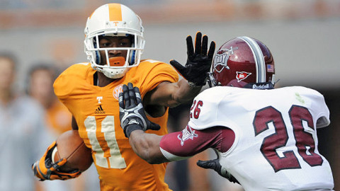 Wide receiver Justin Hunter #11 of the Tennessee Volunteers during the homecoming game between the Troy Trojans and the Tennessee Volunteers at Neyland Stadium in Knoxville, TN. Hunter had a Career-high 181 yards on nine catches with three touchdowns vs. Troy. (Donald Page - Tennessee Athletics) Wide receiver Justin Hunter #11 of the Tennessee Volunteers during the homecoming game between the Troy Trojans and the Tennessee Volunteers at Neyland Stadium in Knoxville, TN. Hunter had a Career-high 181 yards on nine catches with three touchdowns vs. Troy. (Donald Page - Tennessee Athletics)