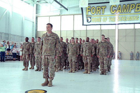 Soldiers assigned to the 3rd Brigade Combat Team “Rakkasans,” 101st Airborne Division (Air Assault), are greeted by family members during their welcome home ceremony, May 24, 2013, at Fort Campbell, Ky. The Soldiers returned home after a nine-month deployment to Afghanistan in support of Operation Enduring Freedom, where they advised and assisted the Afghan National Security Forces to better enable them to take a lead role for their country in the future. (U.S. Army Photo by Spc. Brian Smith-Dutton, 3/101 Public Affairs)