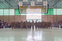 Col. Paul Bontrager, commander, Chief Warrant Officer 5 Rob Purdy, command chief warrant officer and Command Sgt. Maj. Harold Plattenberg, 101st Combat Aviation Brigade lead the final element into a welcome home ceremony at Fort Campbell, Ky., May 22, 2013. This group of Soldiers from 101st CAB, The Wings of Destiny, marks the end of a nine-month deployment for Task Force Destiny. (U.S. Army Photo by Sgt. Duncan Brennan, 101st CAB Public Affairs)