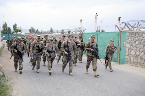 U.S. Army soldiers of 1st Brigade Combat Team, 101st Airborne Division, begin the 25 kilometer Danish Contingent March, April 20th, 2013. (Photo by Sgt. Jon Heinrich)