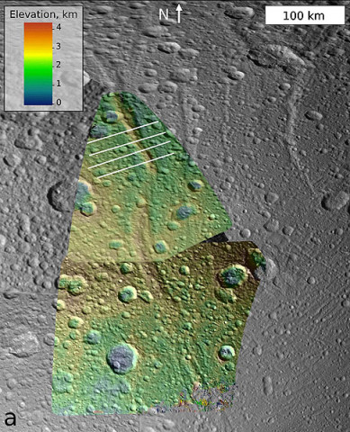 This image, which is composed of data obtained by NASA's Cassini spacecraft, shows the topography of a mountain known as Janiculum Dorsa on the Saturnian moon Dione. Color denotes elevation, with red as the highest area and blue as the lowest. (Image credit: NASA/JPL-Caltech/SSI/Brown)