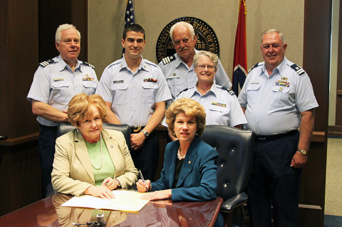 Front row: Montgomery County Mayor Carolyn Bowers and City of Clarksville Mayor Kim McMillan Second row: James Williamson, USCG Auxiliary Division 11 Vice Commander; MST2 Brian Hunter USCG MSD Nashville; Jack Wood, USCG Auxiliary Division 11 Commander; Diane Gilman, Detachment Clarksville; and Fred Gilman, Detachment Leader, Clarksville.