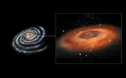 This artist's concept illustrates the frenzied activity at the core of our Milky Way galaxy. The galactic center hosts a supermassive black hole in the region known as Sagittarius A*, or Sgr A*, with a mass of about four million times that of our sun. The Herschel space observatory has made detailed observations of surprisingly hot gas that may be orbiting or falling toward the supermassive black hole. (Image credits: ESA-C. Carreau)