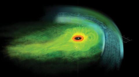 This is an artist's concept of the Saturnian plasma sheet based on data from Cassini magnetospheric imaging instrument. It shows Saturn's embedded "ring current," an invisible ring of energetic ions trapped in the planet's magnetic field. (Image credit: NASA/JPL/JHUAPL)