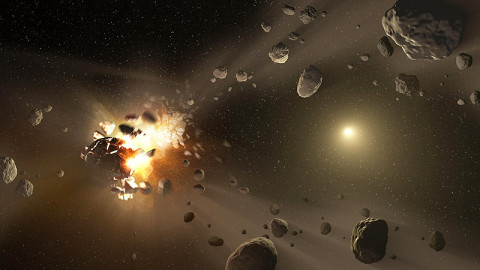 This artist's conception shows how families of asteroids are created. Over the history of our solar system, catastrophic collisions between asteroids located in the belt between Mars and Jupiter have formed families of objects on similar orbits around the sun. (Image credit: NASA/JPL-Caltech)