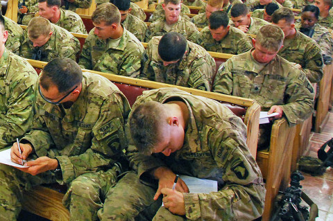 Soldiers from 3rd Battalion, 187th Infantry Regiment, 3rd Brigade Combat Team "Rakkasans," 101st Airborne Division (Air Assault), take reintegration surveys on Forward Operating Base Salerno, Afghanistan, May 6th, 2013. Reintegration training assists Soldiers in the transition back to life in the U.S. and life with their Families. (U.S. Army courtesy photo)