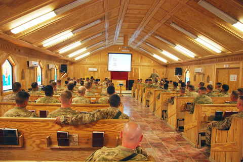 U.S. Army chaplain, Capt. Erik Alfsen assigned 3rd Battalion, 187th Infantry Regiment, 3rd Brigade Combat Team "Rakkasans," 101st Airborne Division (Air Assault), conducts reintegration briefings on Forward Operating Base Salerno, Afghanistan, May 6th, 2013.Reintegration training assists Soldiers in transitioning back to life in the U.S. and life with their Families. (U.S. Army courtesy photo)