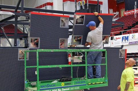 Workers installing new scoreboard in the Austin Peay State University Dunn Center. (Courtesy: APSU Sports Information)