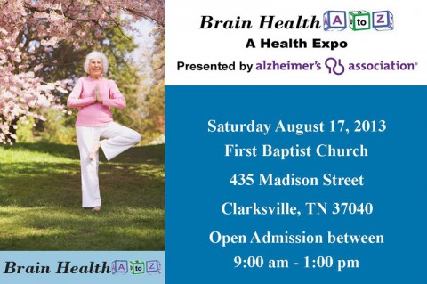 Alzheimer's Association health expo "Brain Health A to Z" Saturday, August 17th at First Baptist Church