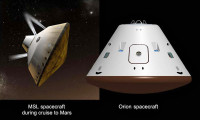 Cruise Vehicles (Artist Concept) – This set of artist’s concepts shows NASA’s Mars Science Laboratory cruise capsule and NASA’s Orion spacecraft, which is being built now at NASA’s Johnson Space Center and will one day send astronauts to Mars. (Image Credit: NASA/JPL-Caltech/JSC)