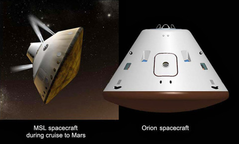 Cruise Vehicles (Artist Concept) - This set of artist's concepts shows NASA's Mars Science Laboratory cruise capsule and NASA's Orion spacecraft, which is being built now at NASA's Johnson Space Center and will one day send astronauts to Mars. (Image Credit: NASA/JPL-Caltech/JSC)