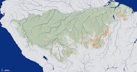 Researchers for the first time mapped the extent and frequency of understory fires across a study area (green) spanning 1.2 million square miles (3 million square kilometers) in the southern Amazon forest. Fires were widespread across the forest frontier during the study period from 1999-2010. Recurrent fires, however, are concentrated in areas favored by the confluence of climate conditions suitable for burning and ignition sources from humans. (Image credit: NASA's Earth Observatory)