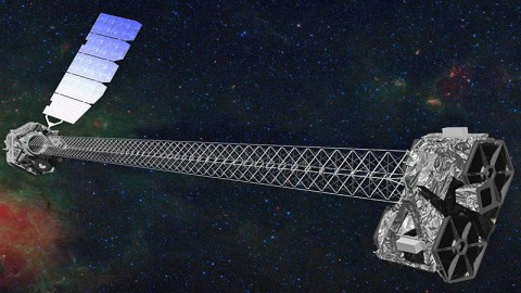 Artist's concept of NuSTAR in orbit. NuSTAR has a 33-foot (10-meter) mast that deploys after launch to separate the optics modules (right) from the detectors in the focal plane (left). (Image credit: NASA/JPL-Caltech) Artist's concept of NuSTAR in orbit. NuSTAR has a 33-foot (10-meter) mast that deploys after launch to separate the optics modules (right) from the detectors in the focal plane (left). (Image credit: NASA/JPL-Caltech)