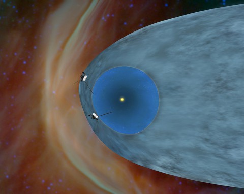 This artist's concept shows NASA's two Voyager spacecraft exploring a turbulent region of space known as the heliosheath, the outer shell of the bubble of charged particles around our sun. (Image Credit: NASA/JPL-Caltech)