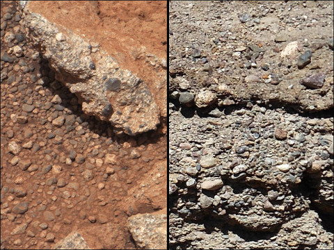 This set of images compares the Link outcrop of rocks on Mars (left) with similar rocks seen on Earth (right). (Image credit: NASA/JPL-Caltech/MSSS and PSI)