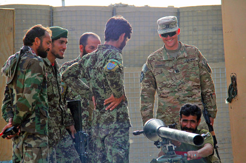 Cpt. Colin LeBeau, intelligence officer for Security Force Advise and Assist Team with the 162nd Infantry Brigade, attached to 2nd Battalion, 506th Infantry Regiment, 4th Brigade Combat Team “Currahee”, 101st Airborne Division, observes as a Soldier of the Afghan National Army performs preventative maintenance on a 75mm recoilless rifle during a visit to an ANA combat outpost outside of Shur Kalay, Afghanistan, on May 25, 2013. (U.S. Army photo by Sgt. Justin Moeller, 4th Brigade Combat Team Public Affairs)