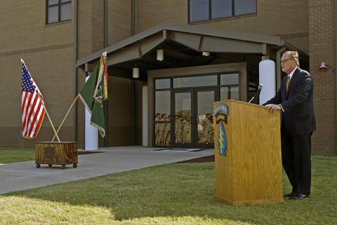 Bartley Williams, son of Maj. Charles Q. Williams, a Medal of Honor recipient and former member of the 5th SFG, speaks on behalf of his father to the Soldiers and families of 1st Battalion, 5th SFG (A) during a dedication ceremony June 5, 2013, for the memorialization of the unit’s operations complex as Williams Hall.  (Photo By: Staff Sgt. Barbara Ospina)