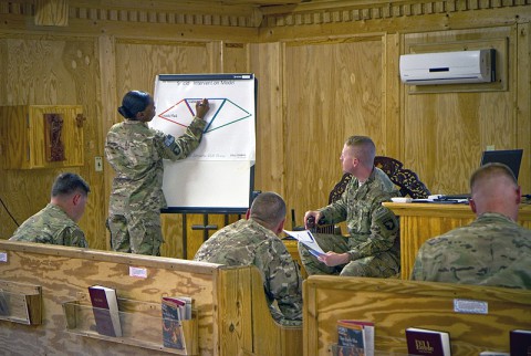 U.S. Army Staff Sgt. Katina Harris, a soldier with the 4th Brigade Combat Team, 101st Airborne Division (Air Assault), writes out the different sections of the suicide intervention model during an Applied Suicide Intervention Skills Training course held on Forward Operating Base Salerno, Afghanistan, July 29. (U.S. Army photo by Sgt. Justin A. Moeller, 4th Brigade Combat Team Public Affairs)