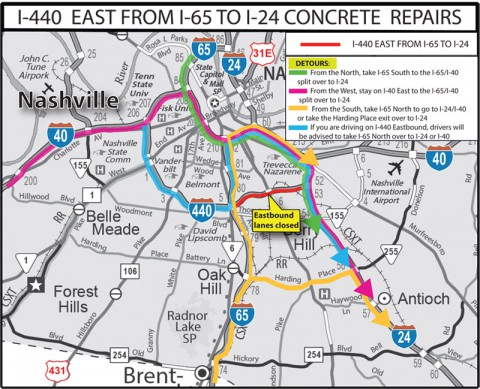 I-440 East Concrete Repairs Detour Map