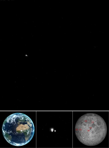 The pair of bright star-like features in the upper panel are not stars at all, but the Earth and Moon! MESSENGER was at a distance of 98 million kilometers (61 million miles) from Earth when this picture was taken. The computer-generated image in the lower left shows how the Earth appeared from Mercury at the time. Much of the Americas, all of Europe and Africa, the Middle East, and much of Asia were visible. (Credit: NASA/Johns Hopkins University Applied Physics Laboratory/Carnegie Institution of Washington)