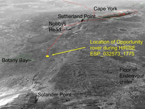 An oblique, northward-looking view based on stereo orbital imaging, shows the location of NASA's Mars Exploration Rover Opportunity on its journey from Cape York to Solander Point when HiRISE took the new color image. Endeavour Crater is about 14 miles (22 kilometers) in diameter. 