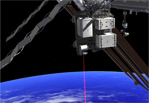 This artist's concept shows how the Optical Payload for Lasercomm Science (OPALS) laser will beam data to Earth from the International Space Station. (Credit: NASA.)