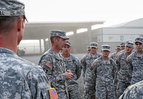 Col. J.B. Vowell, Commander of 3rd Brigade Combat Team “Rakkasans,” 101st Airborne Division (Air Assault), discusses with leaders within the brigade the importance of their Air Assault candidates success within the course on August 19, 2013. The goal is to reach a 70% Air Assault qualified standard within the division to increase the capabilities of the 101st Airborne Division (Air Assault). (U.S. Army Photo by Army Spc. Brian Smith-Dutton, 3BCT Public Affairs)