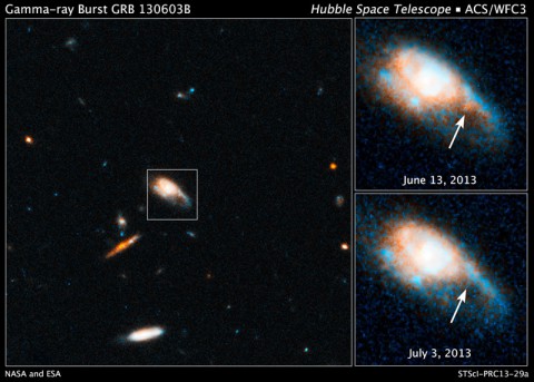 These Hubble images show the fireball afterglow of Gamma-ray Burst 130603B.