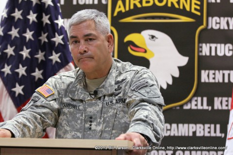 General John F. Campbell frowns as he talks about how the lack of a defense budget impacts Army planning during a press conference at Fort Campbell on Thursday August 2nd 2013