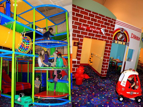 (L) Children enjoying the multi-level play scape. (R) A child dresses up as a firefighter in Tot-ville.