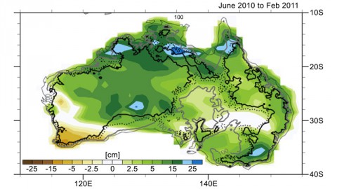 Changes in Australia's mass as reported by data from NASA's Gravity Recovery and Climate Experiment (GRACE) satellites from June 2010 to February 2011. Areas in greens and blues depict the greatest increases in mass, caused by excessive precipitation. The contour lines represent various land surface elevations. (Credit: NCAR/NASA/JPL-Caltech)