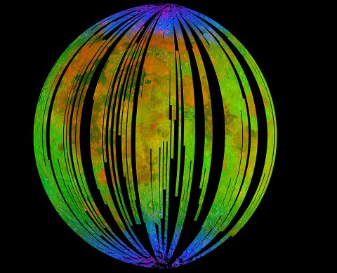 This image of the moon was generated by data collected by NASA's Moon Mineralogy Mapper on the Indian Space Research Organization's Chandrayaan-1 mission. It is a three-color composite of reflected near-infrared radiation from the sun, and illustrates the extent to which different materials are mapped across the side of the moon that faces Earth. (Image credit: ISRO/NASA/JPL-Caltech/Brown Univ./USGS) This image of the moon was generated by data collected by NASA's Moon Mineralogy Mapper on the Indian Space Research Organization's Chandrayaan-1 mission. It is a three-color composite of reflected near-infrared radiation from the sun, and illustrates the extent to which different materials are mapped across the side of the moon that faces Earth. (Image credit: ISRO/NASA/JPL-Caltech/Brown Univ./USGS)