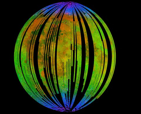 This image of the moon was generated by data collected by NASA's Moon Mineralogy Mapper on the Indian Space Research Organization's Chandrayaan-1 mission. It is a three-color composite of reflected near-infrared radiation from the sun, and illustrates the extent to which different materials are mapped across the side of the moon that faces Earth. (Image credit: ISRO/NASA/JPL-Caltech/Brown Univ./USGS)