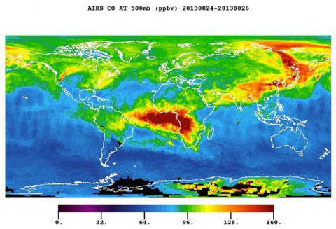 The plume of carbon monoxide pollution from the Rim Fire burning in and near Yosemite National Park, Calif., is visible in this Aug. 26, 2013 image from the Atmospheric Infrared Sounder (AIRS) instrument on NASA's Aqua spacecraft. The image shows a three-day running average of daily measurements of carbon monoxide present at an altitude of 18,000 feet (5.5 kilometers). (Image credit: NASA/JPL-Caltech)