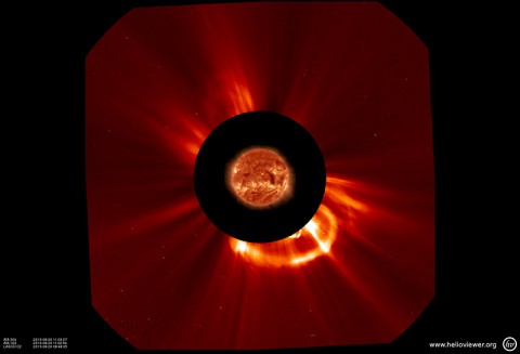 The SOHO LASCO C2 instrument captured this image of the Earth-directed CME. SOHO's coronographs are able to take images of the solar corona by blocking the light coming directly from the Sun with an occulter disk. The location of the actual sun is shown with an image taken by SDO. (Image Credit: ESA & NASA/SOHO, SDO) The SOHO LASCO C2 instrument captured this image of the Earth-directed CME. SOHO's coronographs are able to take images of the solar corona by blocking the light coming directly from the Sun with an occulter disk. The location of the actual sun is shown with an image taken by SDO. (Image Credit: ESA & NASA/SOHO, SDO)