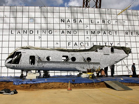 NASA's Langley Research Center engineers are scheduled to crash test a former Marine helicopter at the historic Landing and Impact Research facility. The fuselage is painted in black polka dots as part of a high speed photographic technique. (Image Credit: NASA Langley / David C. Bowman) NASA's Langley Research Center engineers are scheduled to crash test a former Marine helicopter at the historic Landing and Impact Research facility. The fuselage is painted in black polka dots as part of a high speed photographic technique. (Image Credit: NASA Langley / David C. Bowman)