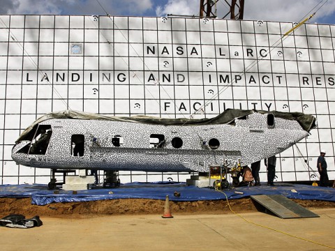 NASA's Langley Research Center engineers are scheduled to crash test a former Marine helicopter at the historic Landing and Impact Research facility. The fuselage is painted in black polka dots as part of a high speed photographic technique. (Image Credit: NASA Langley / David C. Bowman)