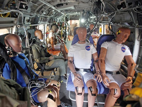 Engineers have installed instrumented crash test dummies and un-instrumented manikins. They will test seatbelts and other technologies during a crash test in which the helicopter will be dropped from a height of about 30 feet and hit the ground at about 30 miles an hour. (Image Credit: NASA Langley / David C. Bowman)